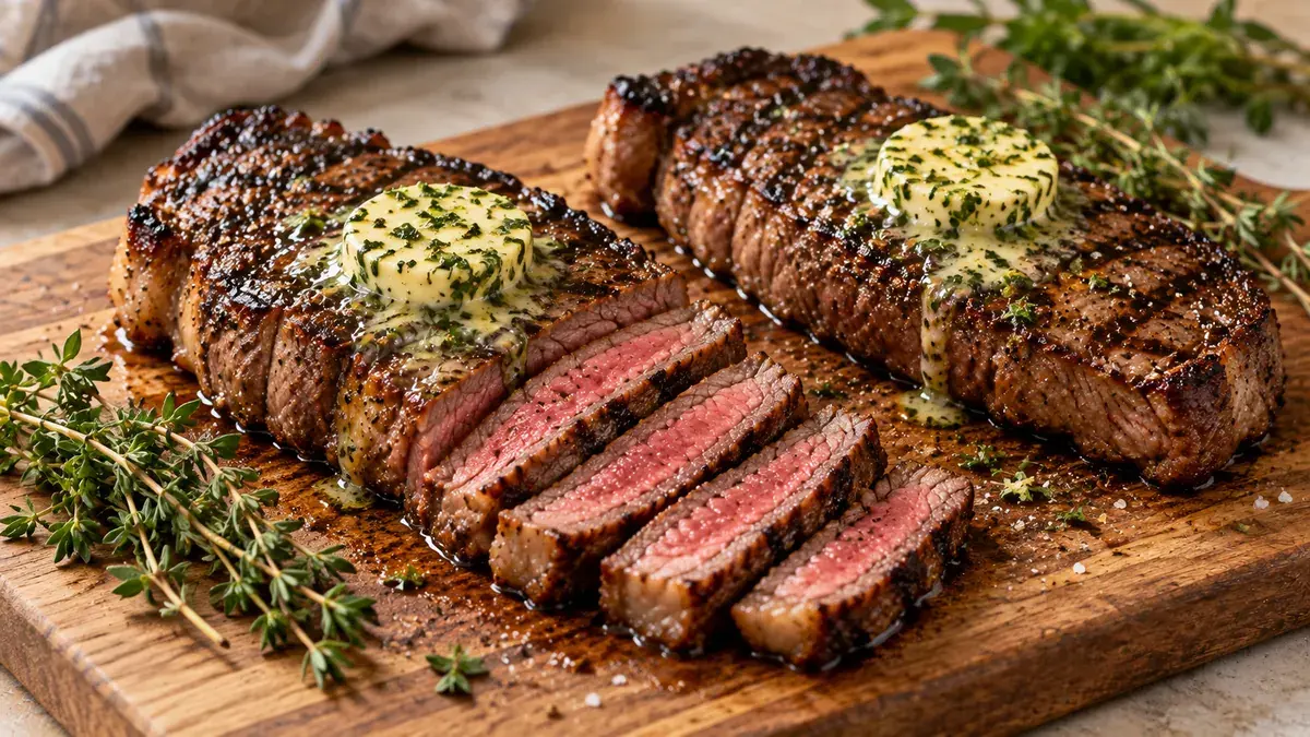 Two grilled New York strip steaks topped with herb butter on a wooden board, one sliced medium-rare