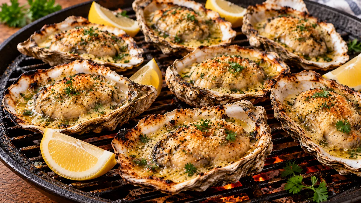 Grilled oysters on the half shell bubbling with garlic butter and Parmesan, with lemon