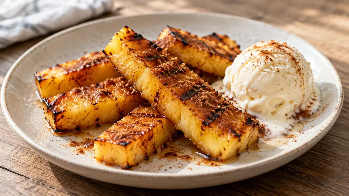 Grilled pineapple spears with cinnamon sugar and a scoop of vanilla ice cream