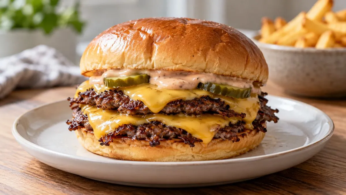 Double smash burger with melted American cheese, pickles and sauce on a soft bun with fries
