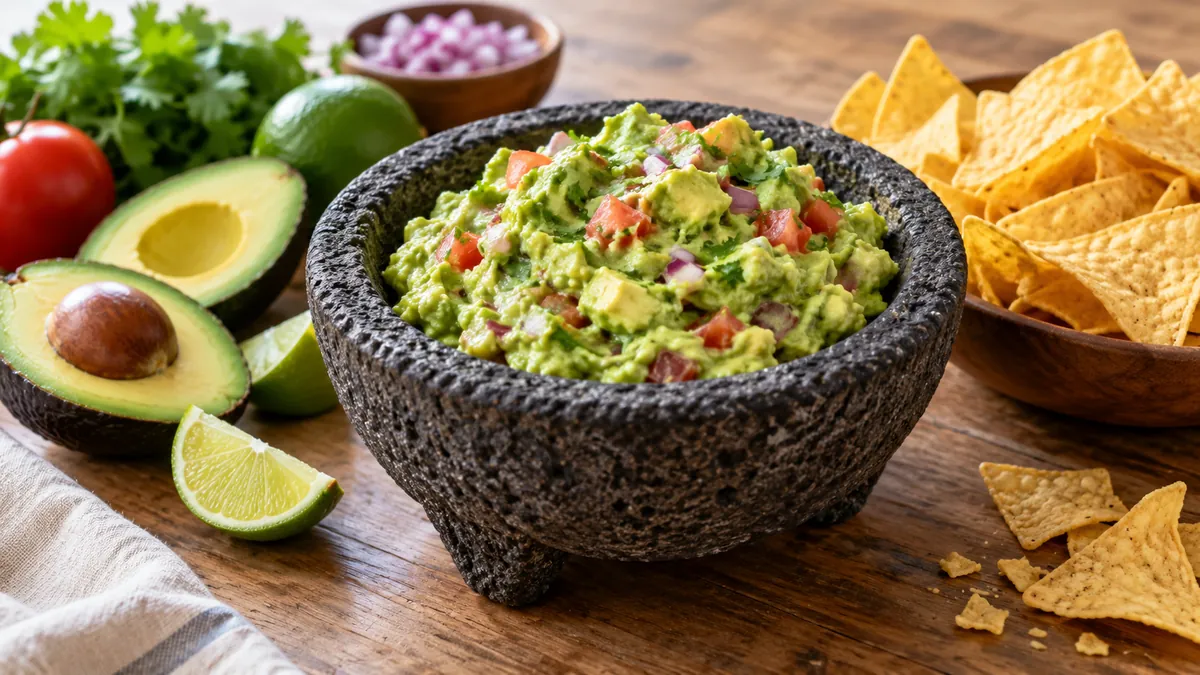 Chunky guacamole in a stone bowl with tortilla chips, halved avocados and lime