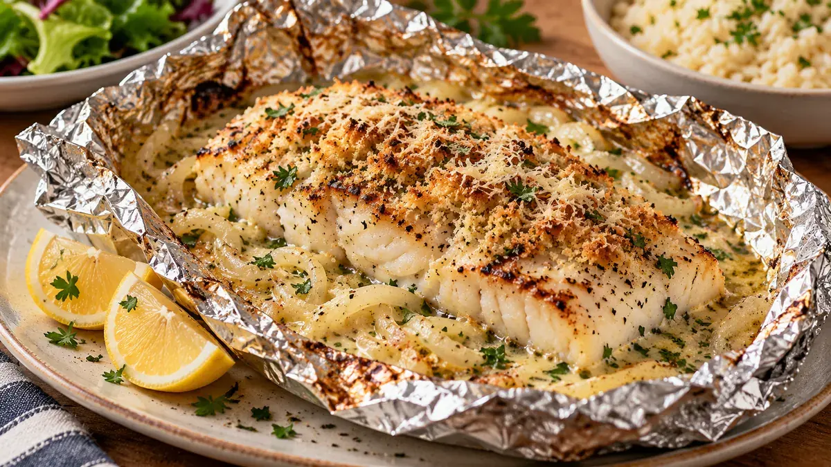 Halibut steak in an opened foil packet with a creamy herb sauce and golden crumb topping, with lemon wedges