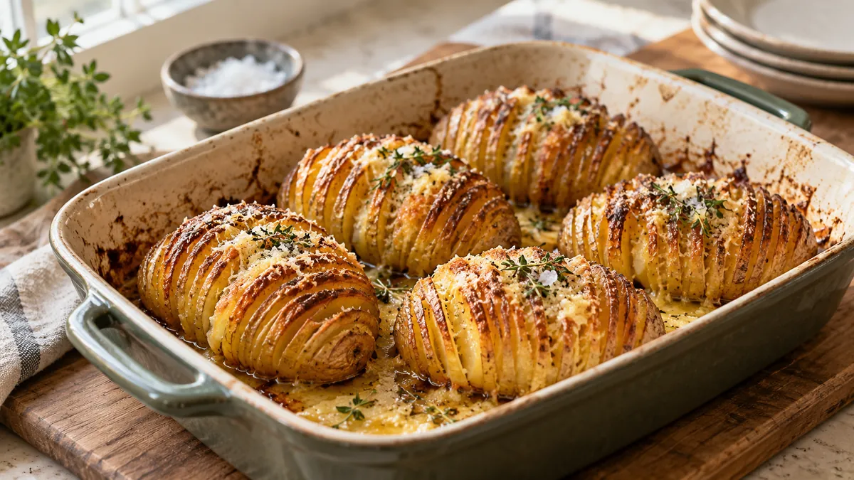 Hasselback potatoes with crisp fanned slices in a baking dish