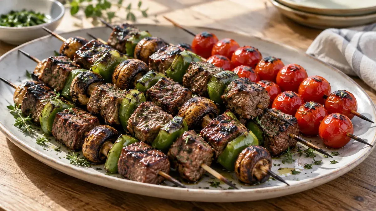 Grilled beef kebabs with green pepper and mushrooms, beside skewers of cherry tomatoes
