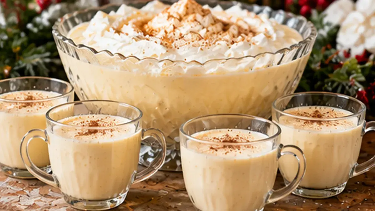 Punch bowl of eggnog topped with whipped cream and nutmeg, with filled cups