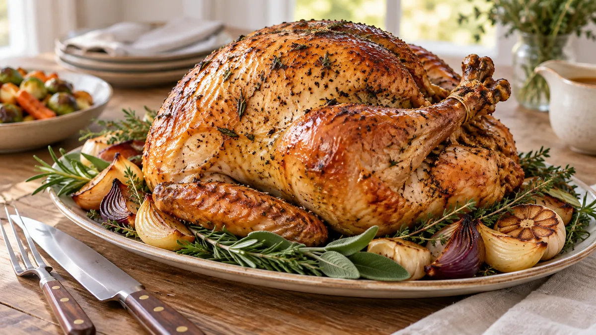 Golden herb-roasted Thanksgiving turkey on a platter with roasted onions and herbs
