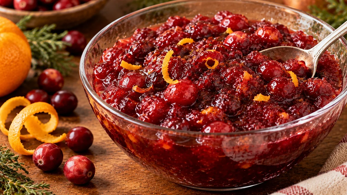 Bowl of glossy whole-berry cranberry sauce