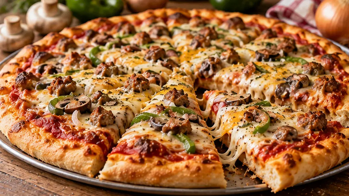 Homemade pizza with mushrooms, sausage, onion and green pepper under melted cheese, cut into slices