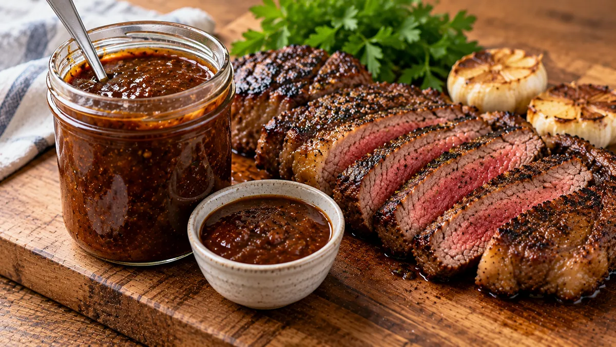 Jar and bowl of dark homemade steak sauce beside sliced grilled steak