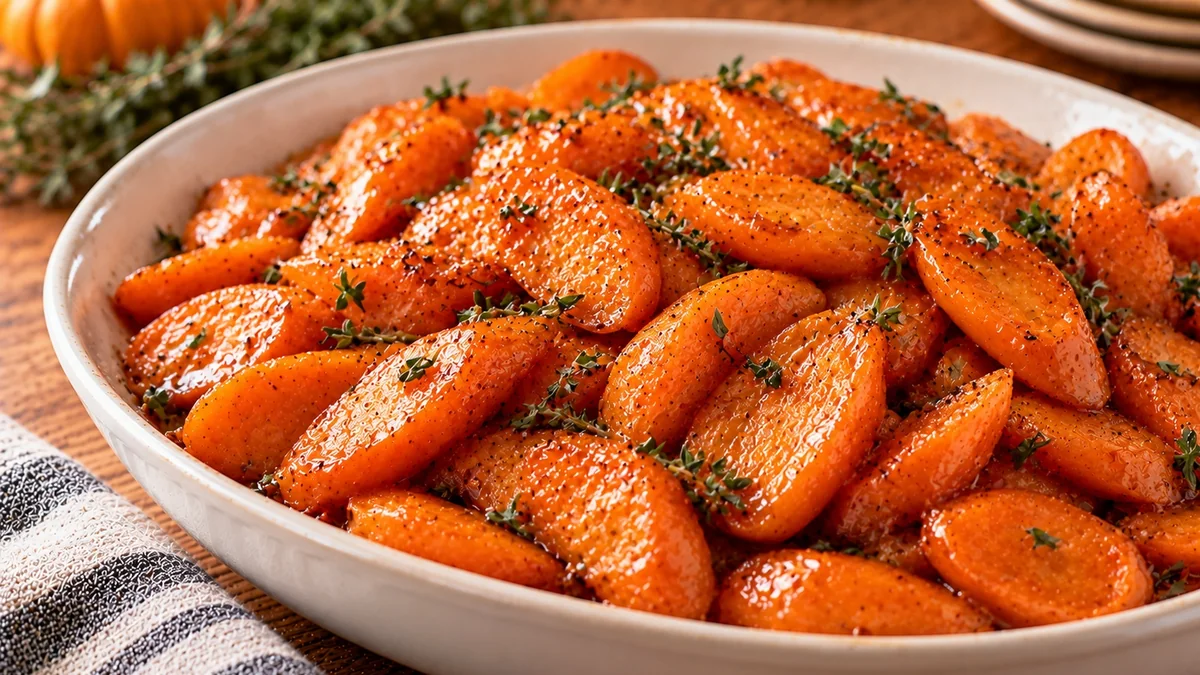 Shiny honey-glazed carrot coins with thyme in a serving bowl