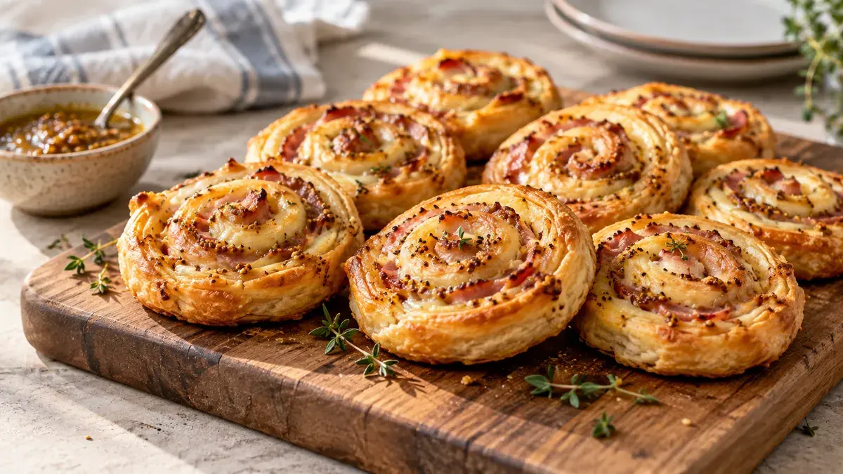 Golden puff pastry pinwheels with a honey mustard swirl on a wooden board