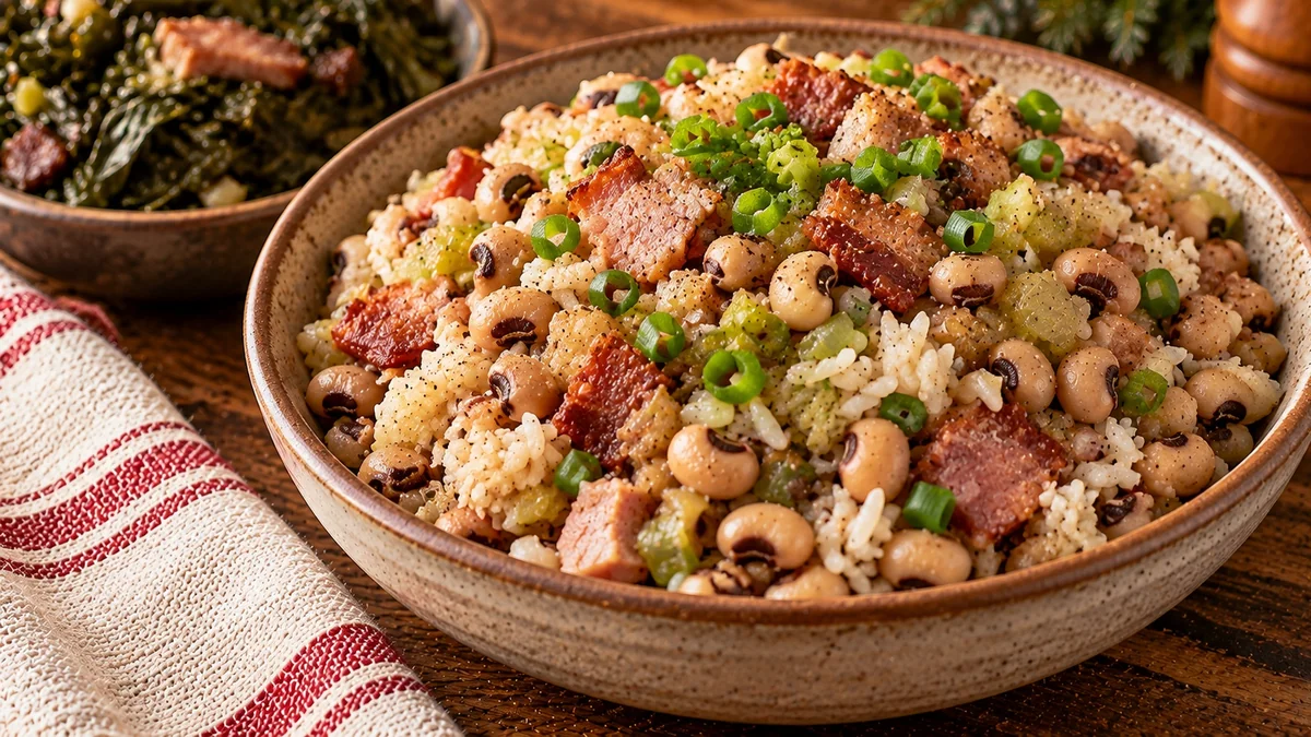 Bowl of Hoppin' John black-eyed peas over rice with green onions