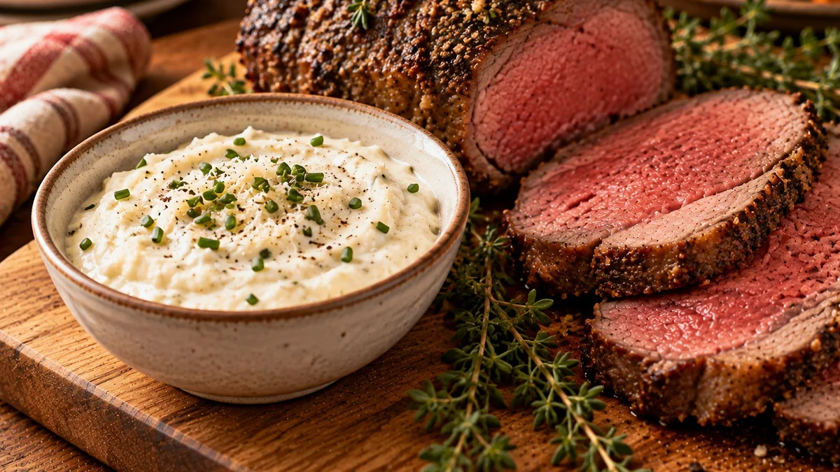 Bowl of creamy horseradish sauce with chives