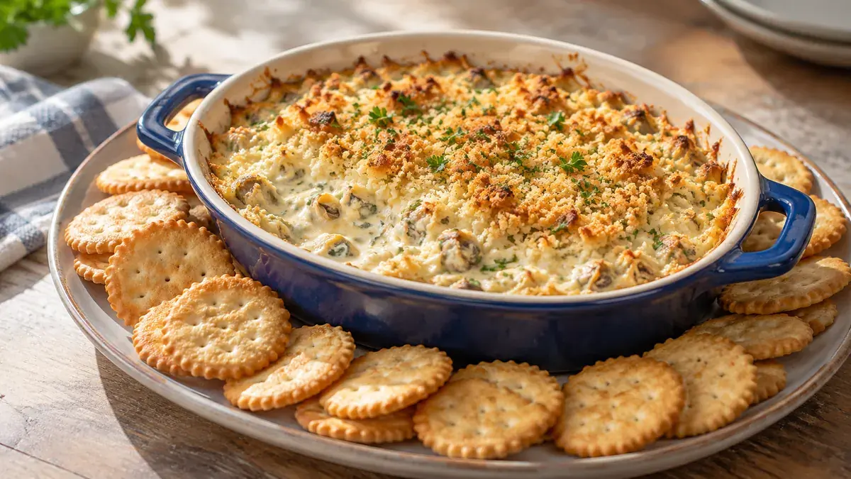 Baked hot clam dip with a golden cracker crumb top, surrounded by crackers