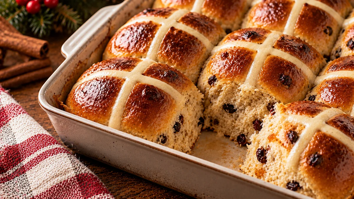 Glazed hot cross buns with white crosses in a pan