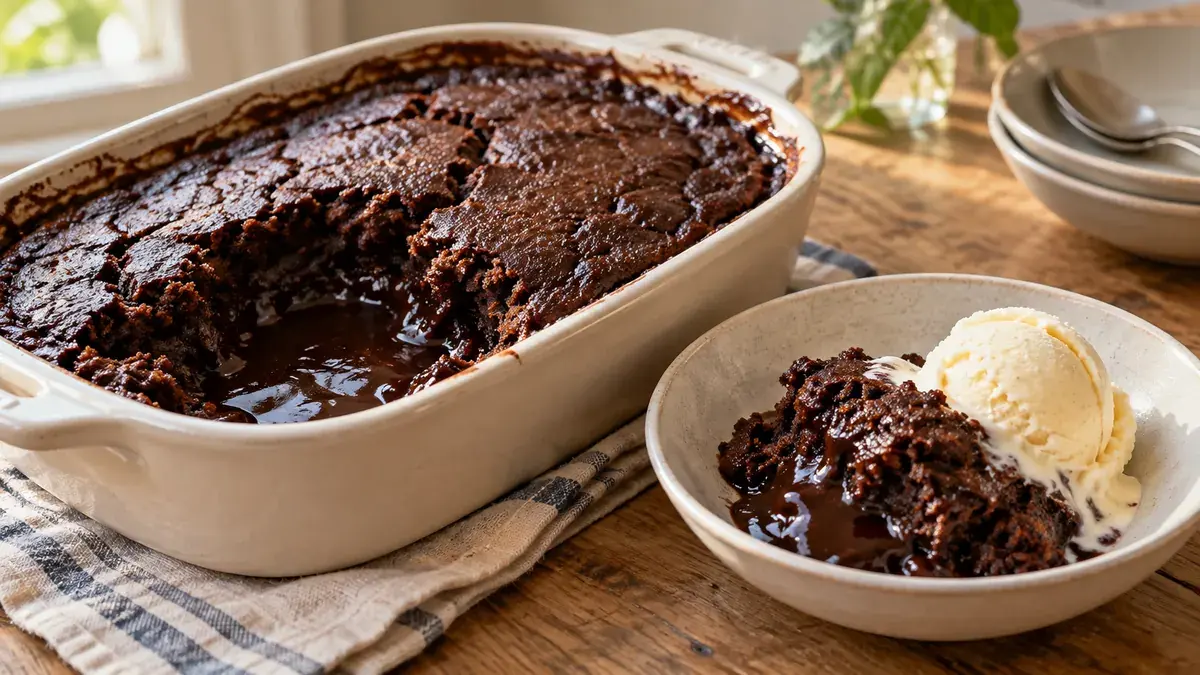 Hot fudge pudding cake with a pool of fudge sauce, a serving with vanilla ice cream
