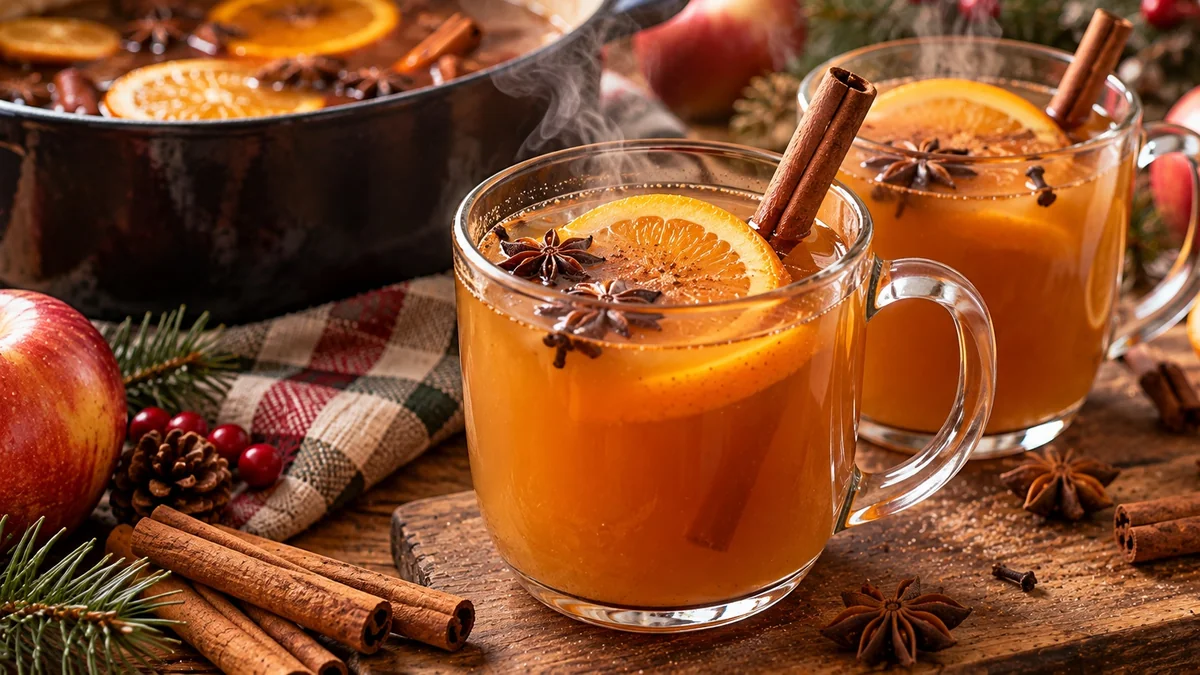 Mugs of hot mulled cider with cinnamon sticks and orange slices