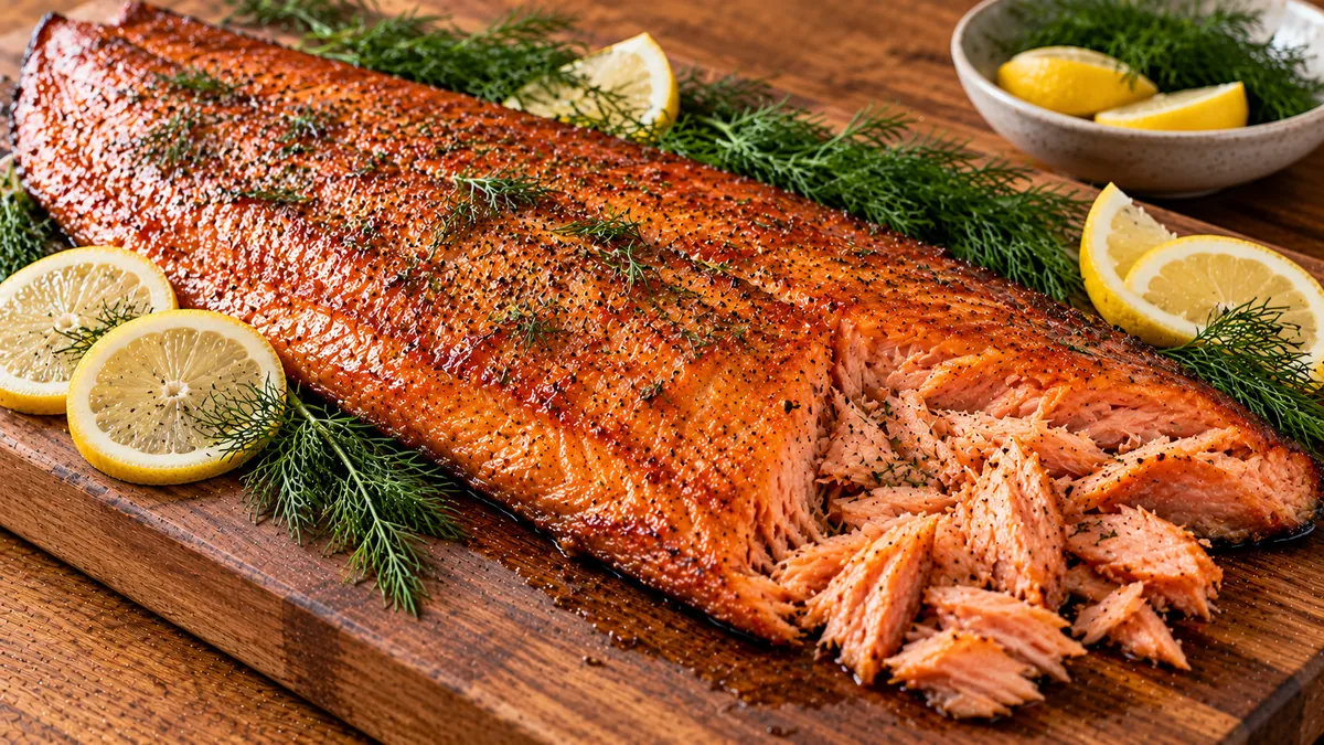 Side of glazed hot-smoked salmon on a board, flaked in one spot, with lemon and dill