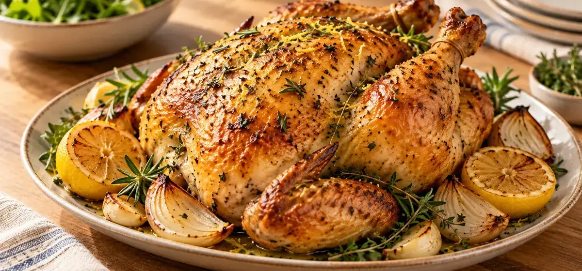 Golden lemon and herb roast chicken on a platter with lemons and garlic