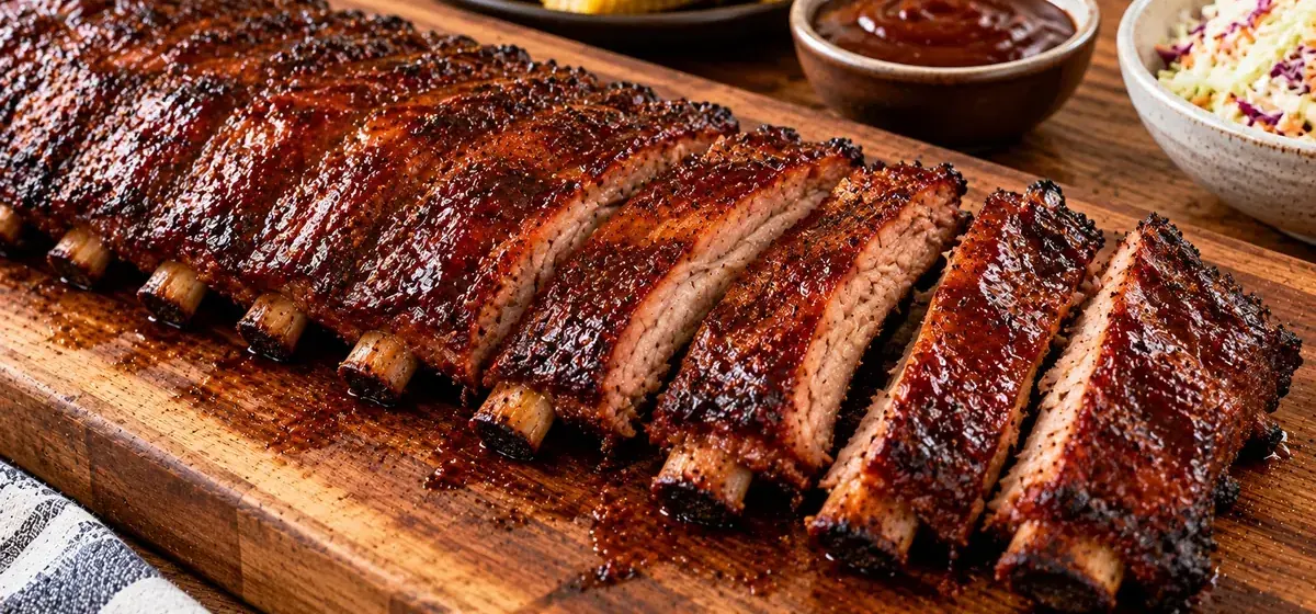 A glossy rack of smoked baby back ribs on a wooden board