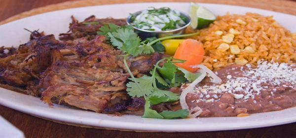 Shredded pork with rice and beans