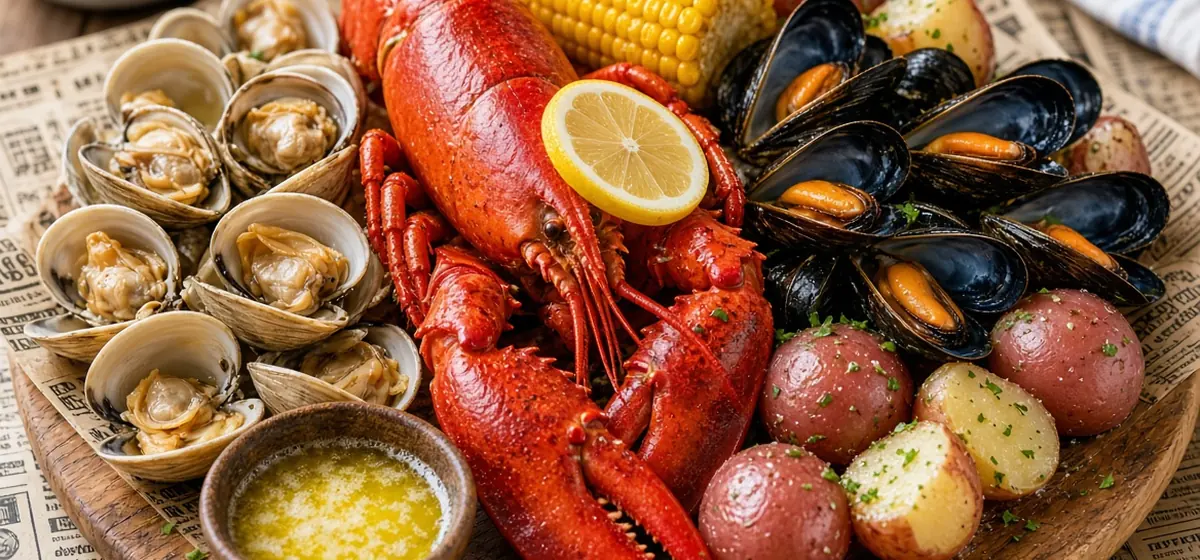 New England clambake platter of lobster, clams, mussels, corn, potatoes and melted butter