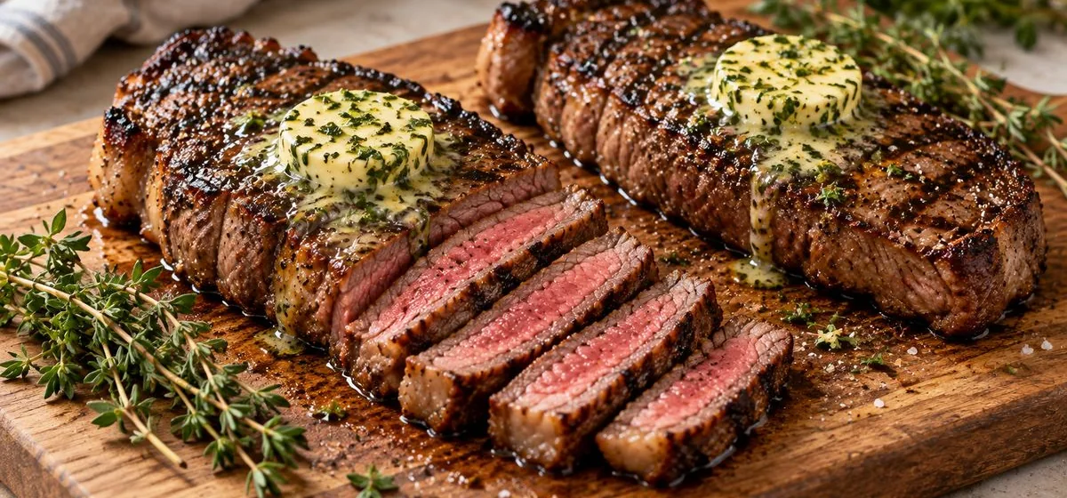 Sliced grilled New York strip steaks with herb butter on a cutting board