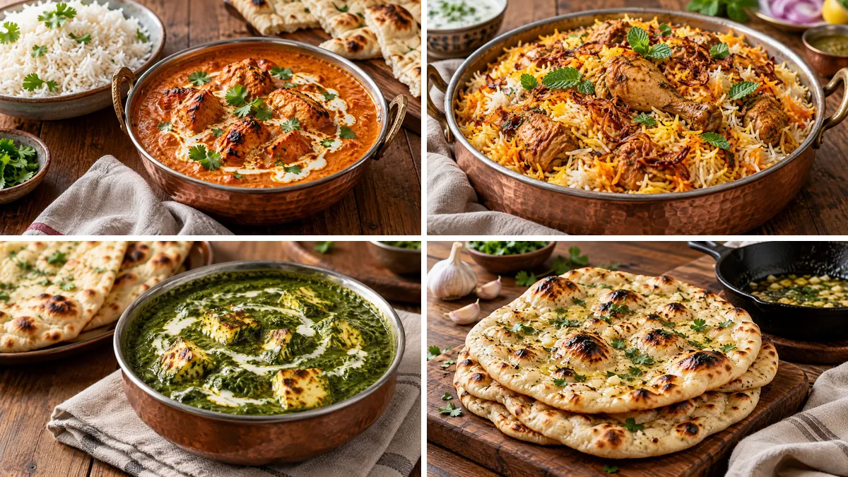 Collage of Indian dishes: chicken tikka masala, chicken biryani, saag paneer and garlic naan