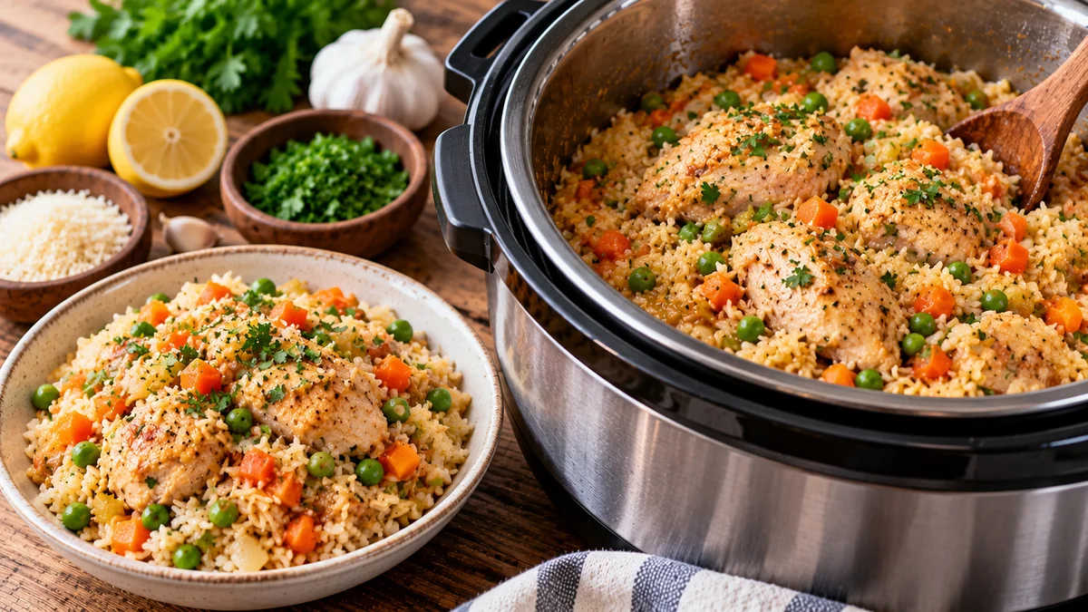 Instant Pot chicken and rice with peas and parsley in a bowl