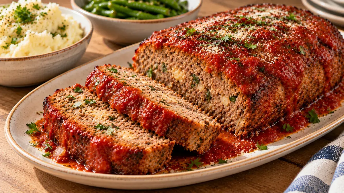 Italian meat loaf topped with tomato sauce and herbs, sliced on a platter