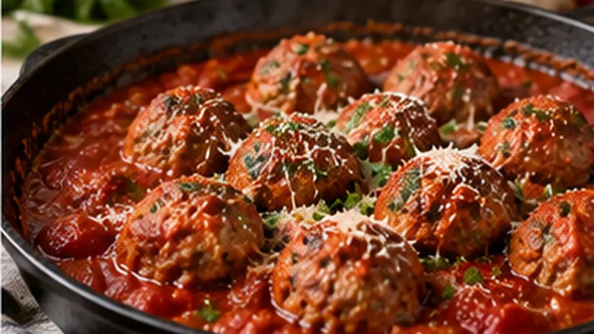 Italian meatballs in tomato sauce in a skillet, sprinkled with Parmesan