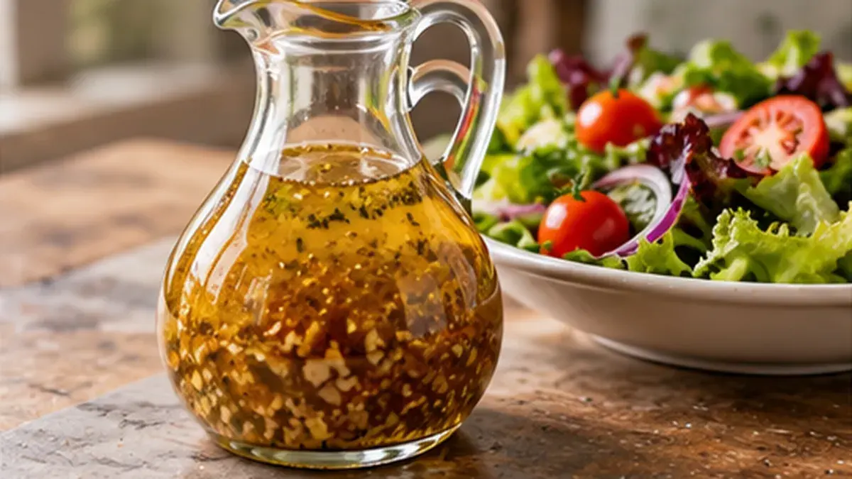 Cruet of Italian vinaigrette with herbs and garlic beside a green salad