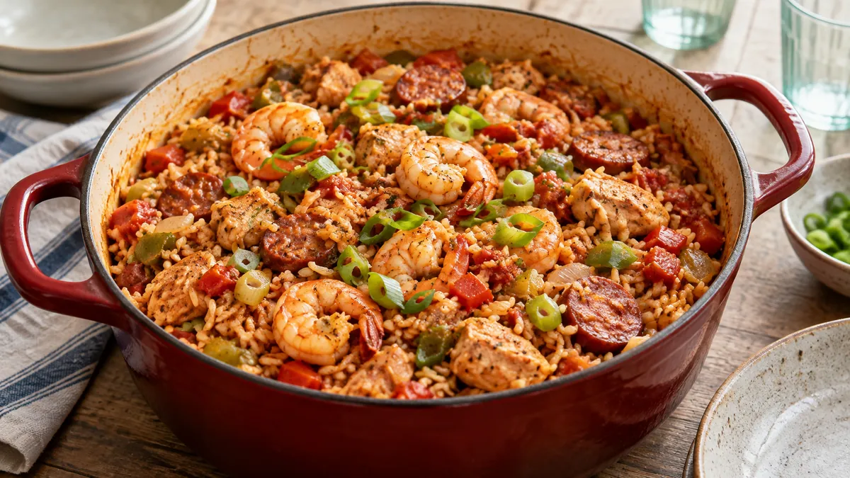 Dutch oven of Creole jambalaya with rice, shrimp, andouille sausage and peppers