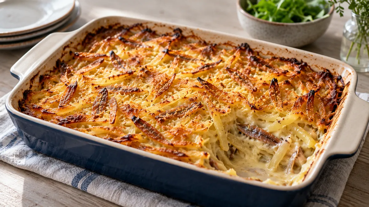 Jansson's temptation potato gratin with a golden top, one serving scooped out