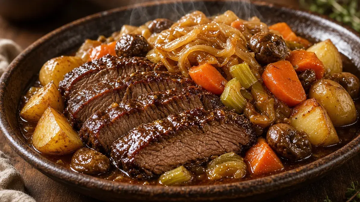 Braised holiday brisket with onions, carrots, celery, mushrooms and potatoes