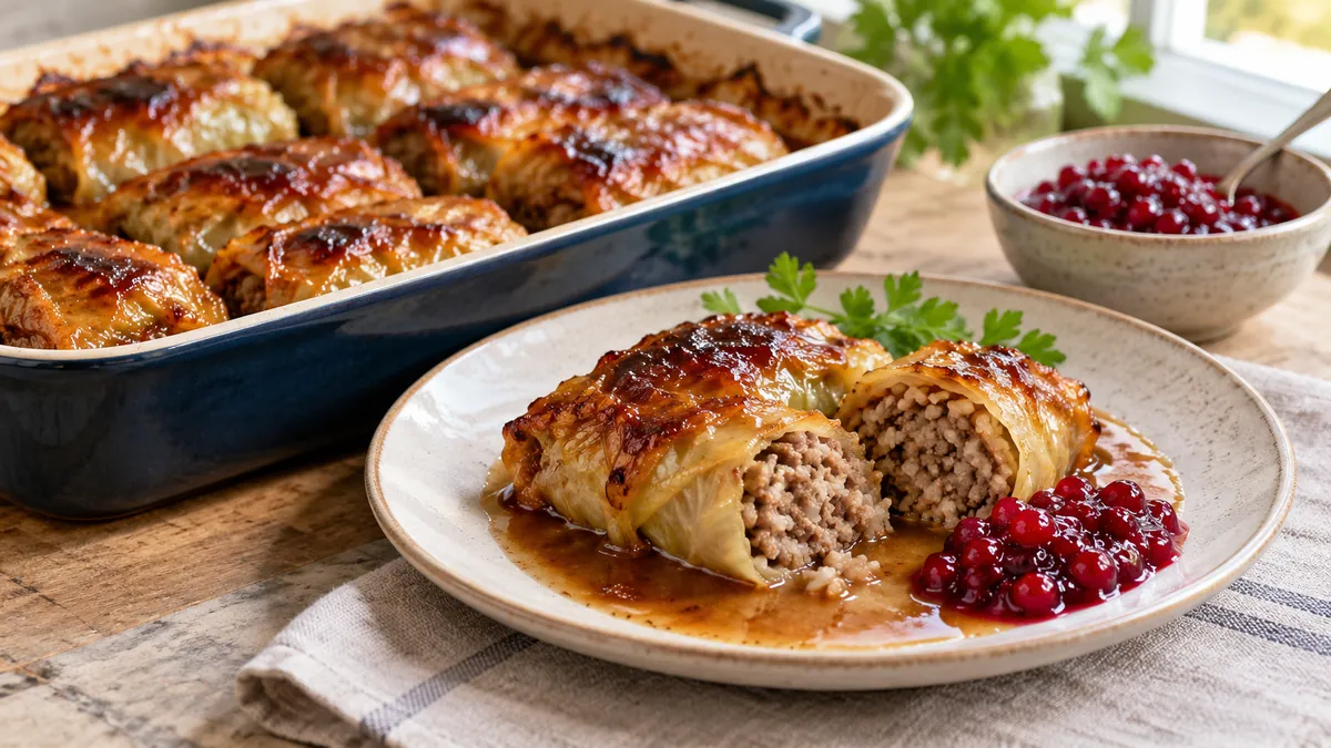 Caramelized Swedish cabbage rolls in a baking dish, one cut open on a plate with lingonberries
