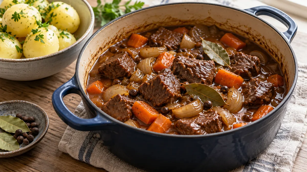 Swedish beef stew with carrots, onions and bay leaves in a Dutch oven, with boiled potatoes