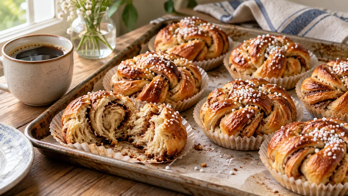 Swedish cinnamon bun knots with pearl sugar in paper cups, one pulled apart, with coffee