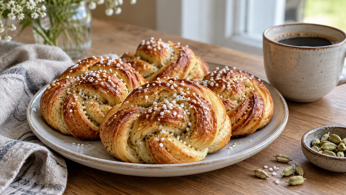 Twisted Swedish cardamom buns with pearl sugar on a plate, with cardamom pods and coffee