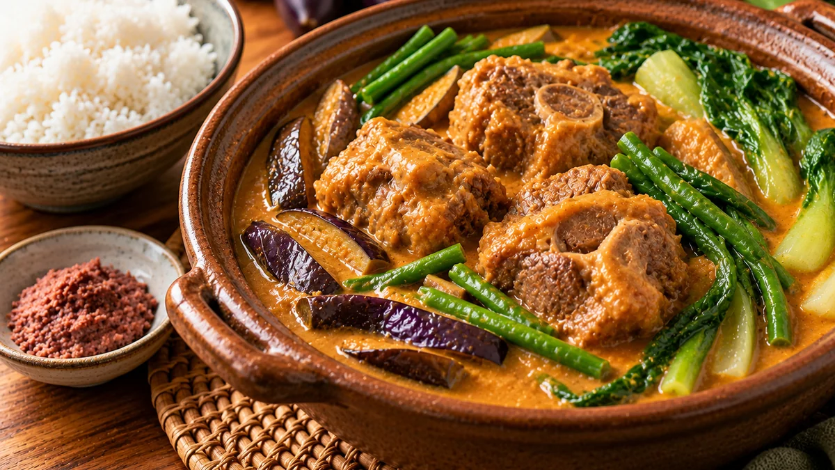 Kare-kare oxtail in orange peanut sauce with eggplant, bok choy and beans