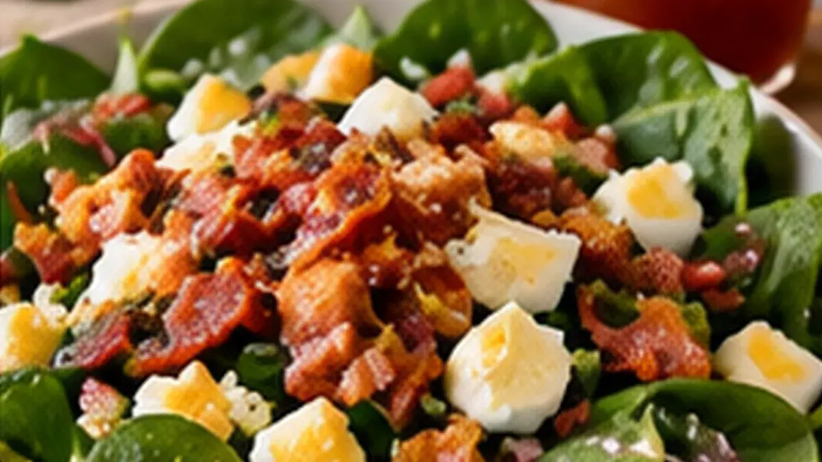 Spinach salad with chopped egg and crumbled bacon, with a jar of red dressing