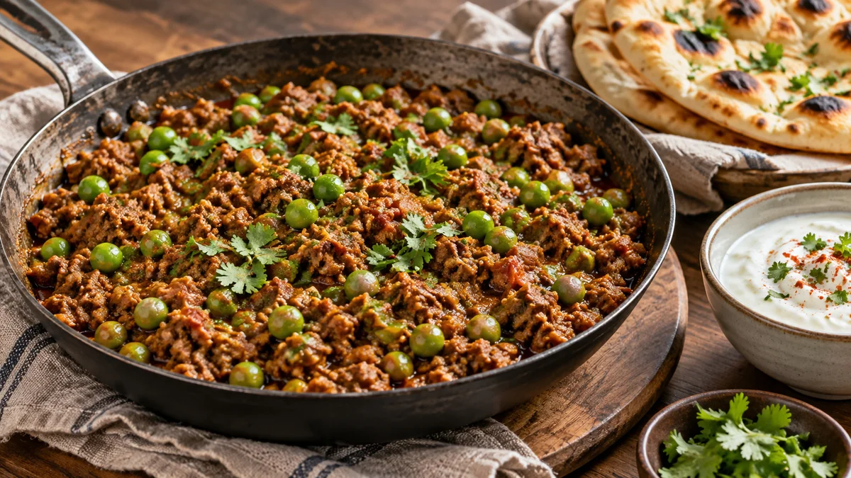 Keema matar spiced ground beef with peas and cilantro with naan