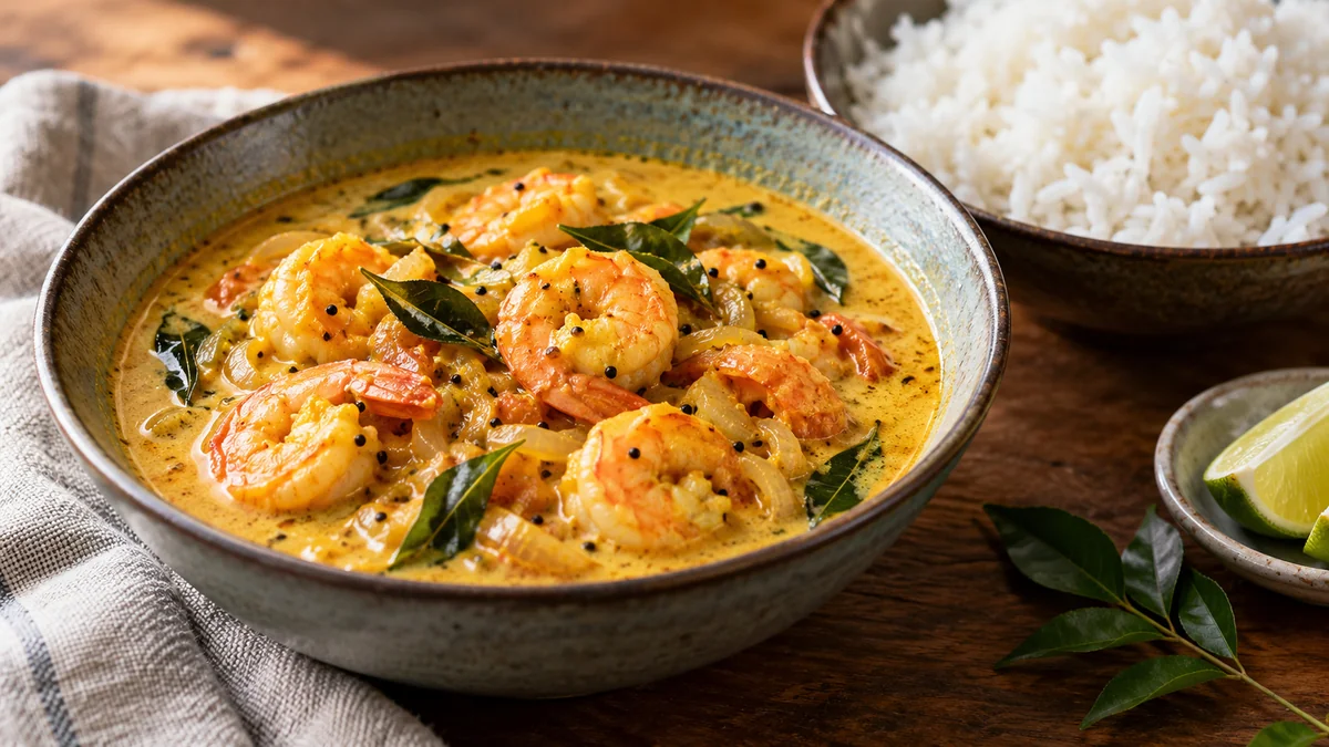 Kerala coconut shrimp curry with curry leaves and rice