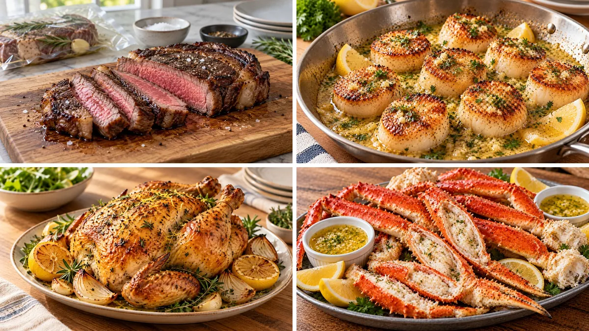 Collage of four Keto Recipes: Sous Vide Steak, Pan-Seared Sea Scallops with Lemon Butter, Lemon Herb Roast Chicken and Steamed Crab Legs with Garlic Butter