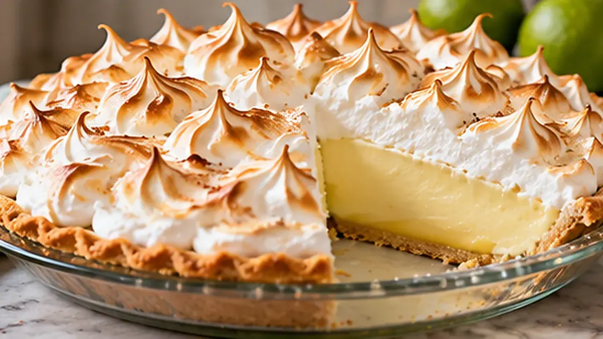 Key lime pie topped with toasted meringue, a slice cut to show the lime filling