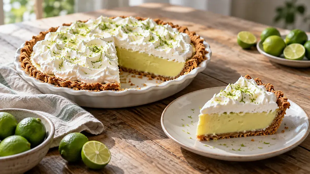 Key lime pie with whipped cream and lime zest, one slice plated beside it