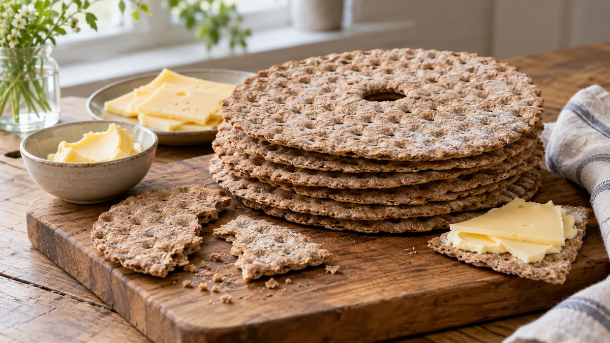 Stack of round rye crispbreads with a center hole, with butter and cheese