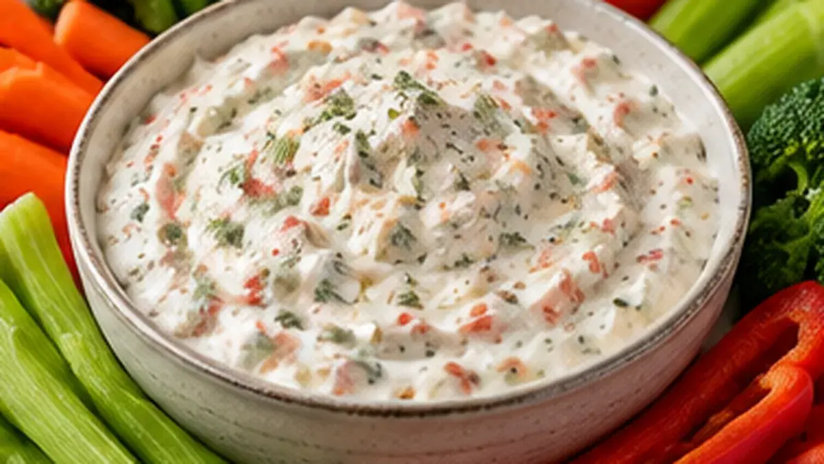 Bowl of sour cream vegetable dip surrounded by carrot, celery and pepper sticks