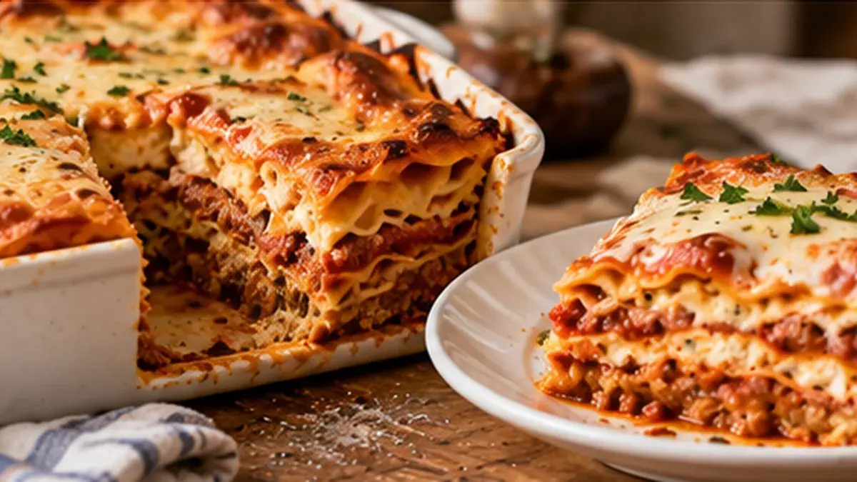 Lasagna with a square served showing layers of noodles, meat sauce and cheese