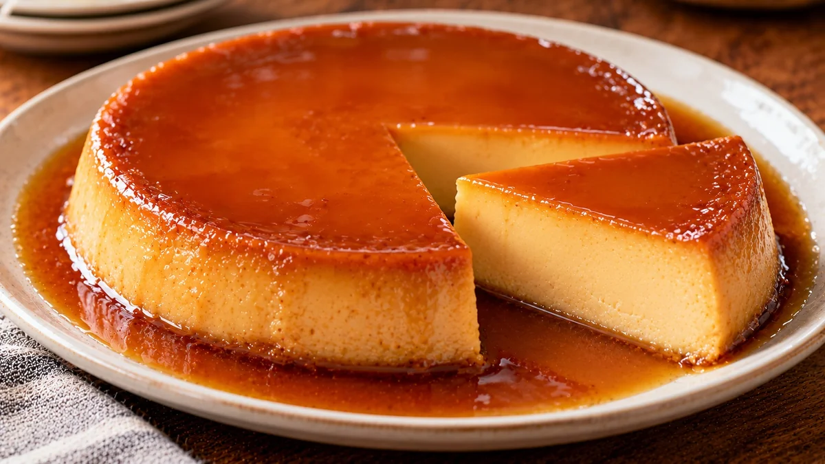 Leche flan turned out on a plate with amber caramel sauce